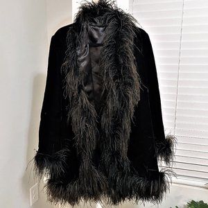 VINTAGE Ostrich Feather and Black Velvet Coat
